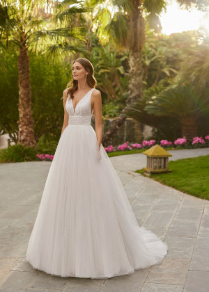 Beaded V Neck Ivory Lace Tulle Unique Wedding Dress